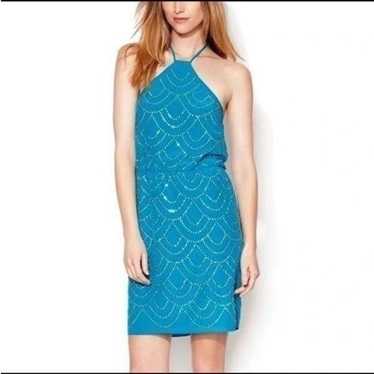 Trina Turk Silk Turquoise Gold Studded Halter Dres