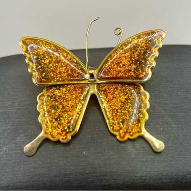 Vintage enamel glitter articulating butterfly bro… - image 1