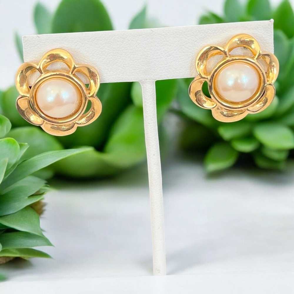 Vintage Designer Statement Earrings Simulated Pea… - image 2