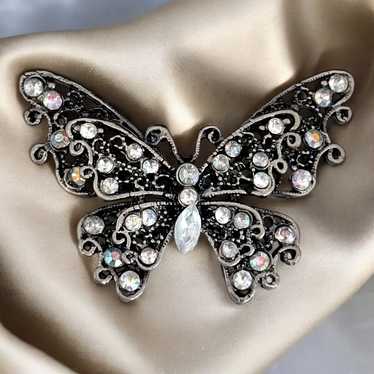 Vintage Butterfly Pin Brooch Aurora Borealis Crys… - image 1