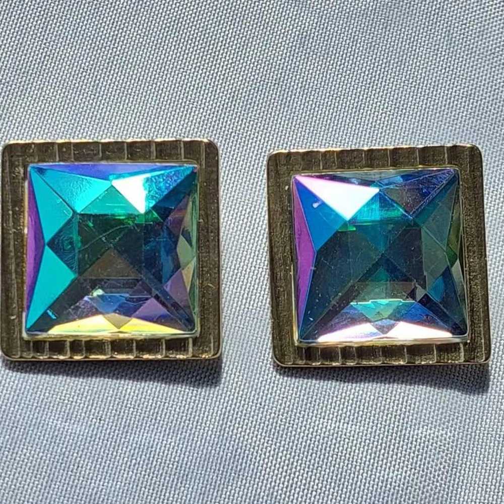 Vintage Iridescent Square Gold Tone Clip On Earri… - image 1