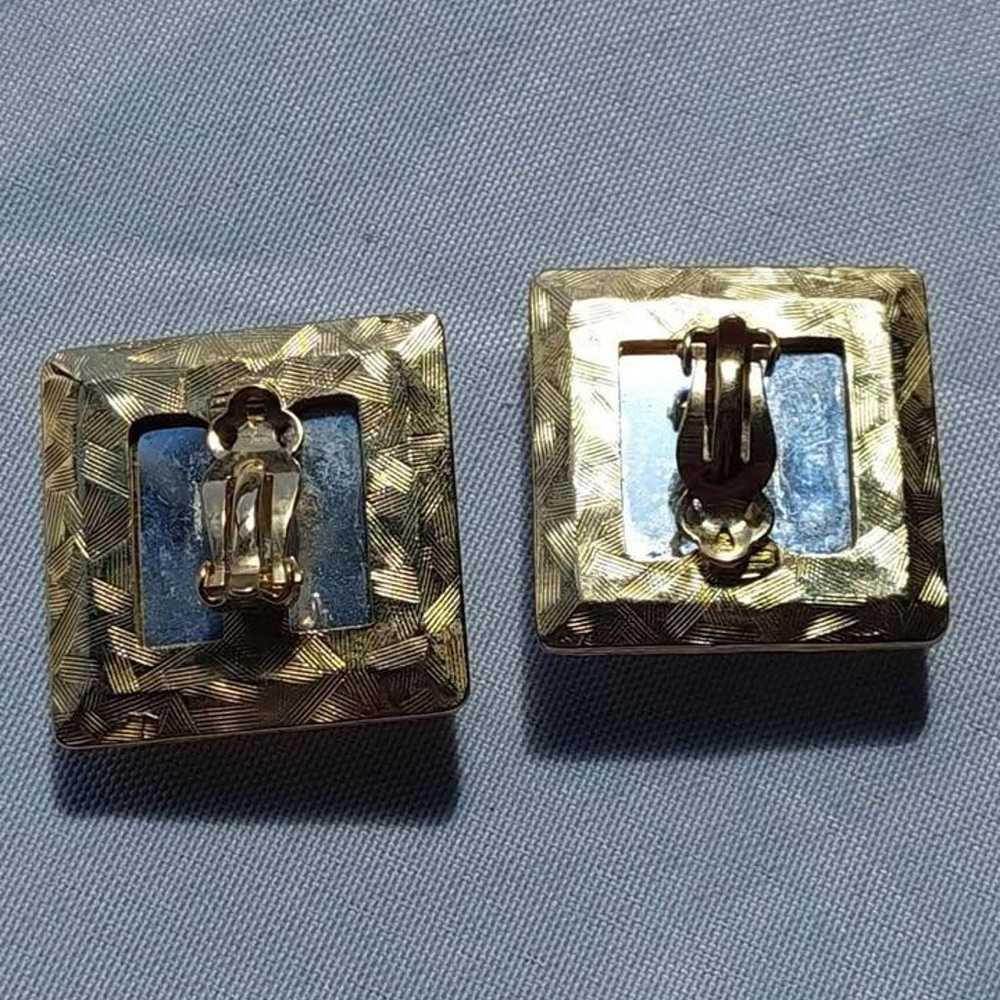 Vintage Iridescent Square Gold Tone Clip On Earri… - image 2