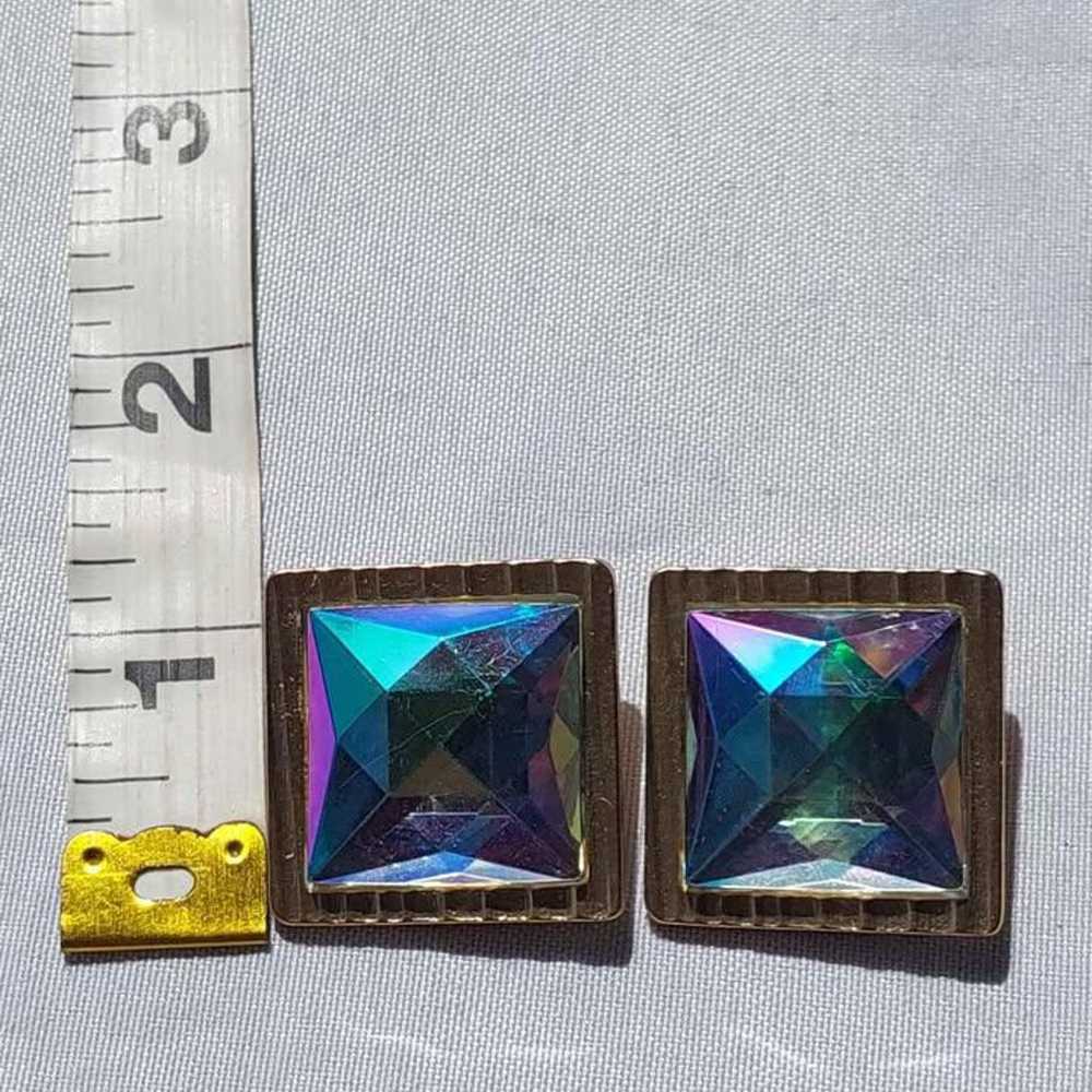 Vintage Iridescent Square Gold Tone Clip On Earri… - image 3