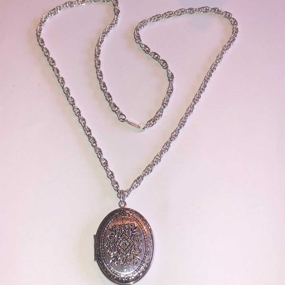 Vintage Silver Tone Chain Engraved Floral Locket … - image 2