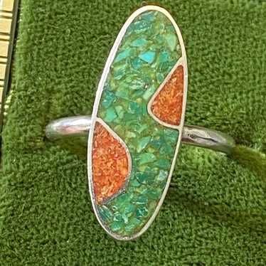 Vintage Zuni Sterling Turquoise & Coral Inlay Ring