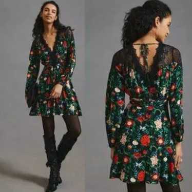 By Anthropologie Green Floral Lacy Dress Mini 12 - image 1