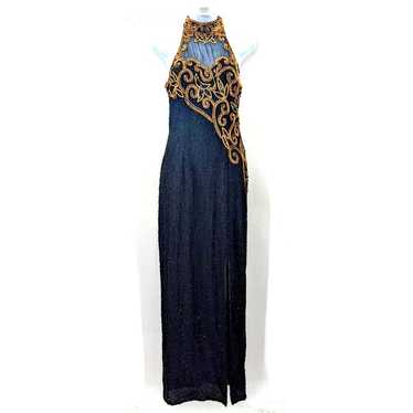 Michael Angelo Beaded Dress Black Gold Silk Eveni… - image 1