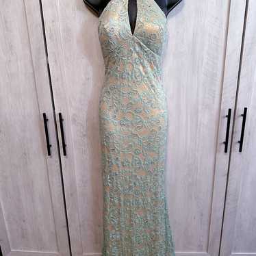 Vintage Dave & Johnny Teal Blue Green Beige Lace … - image 1