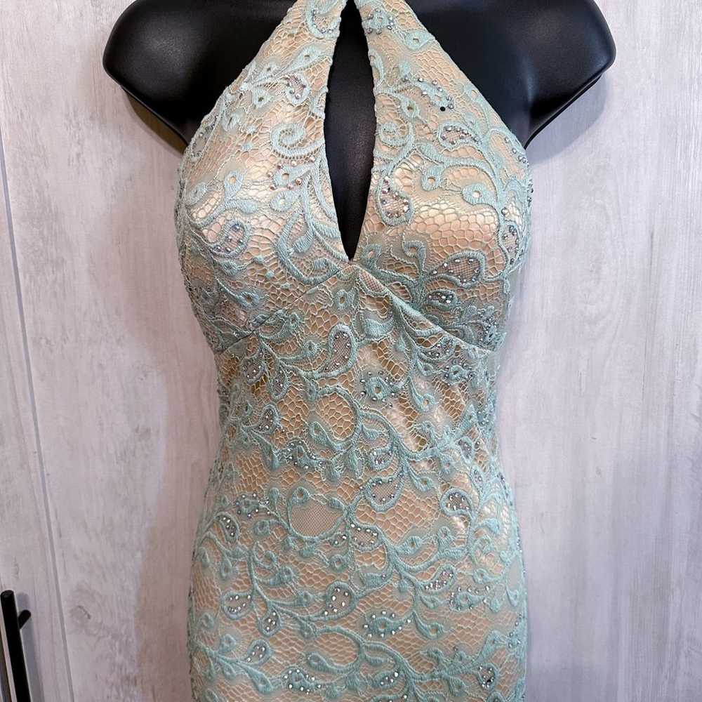 Vintage Dave & Johnny Teal Blue Green Beige Lace … - image 2