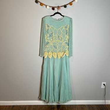 Vintage mint silk beaded long sleeve maxi dress