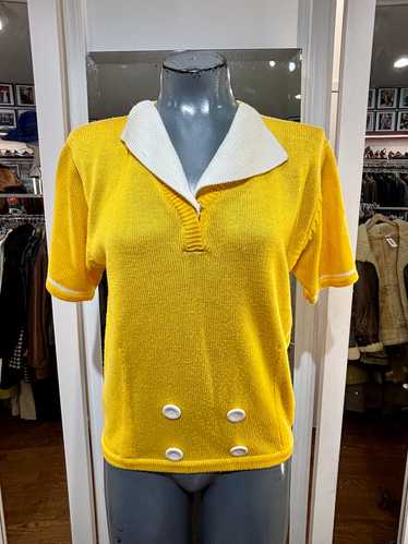 70’s Canary Yellow Short Sleeve Sweater With Whit… - image 1