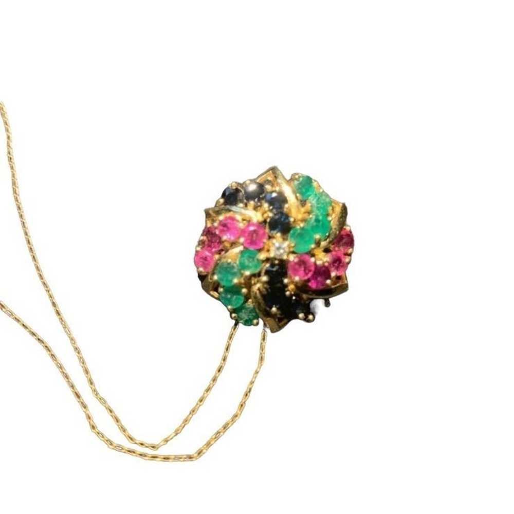 Vintage 14k Diamond Ruby sapphire emerald Necklace - image 2