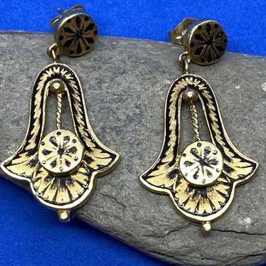 Vintage 14K Yellow Gold & Black Enamel Drop Dangl… - image 1