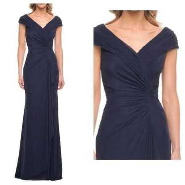 La Femme 29996 Navy Blue V-Neck Jersey Gown- Size 