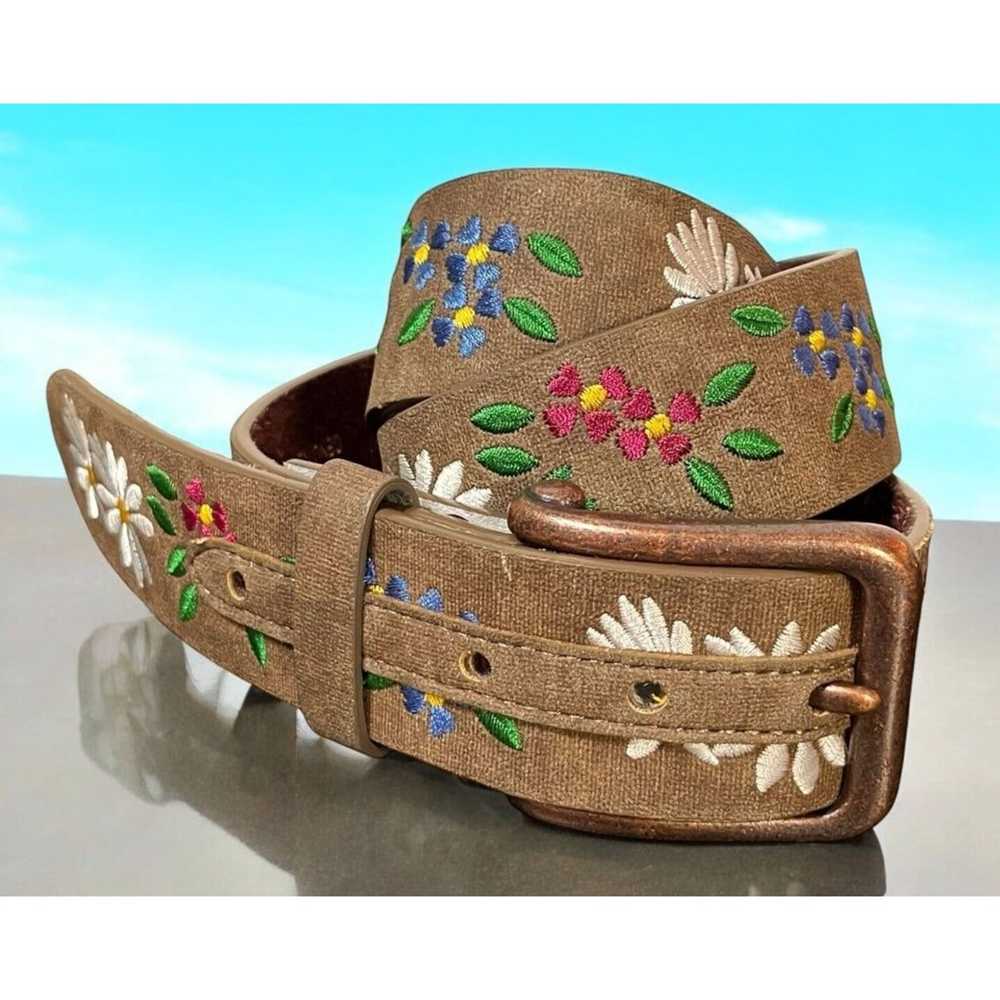 Boho Chic Belt Embroidered Flowers Size Small Gre… - image 1