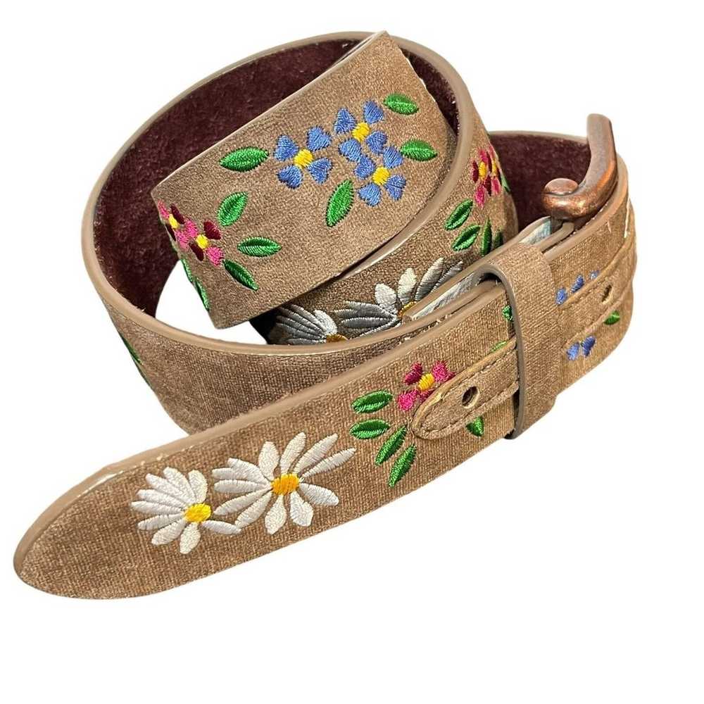 Boho Chic Belt Embroidered Flowers Size Small Gre… - image 3