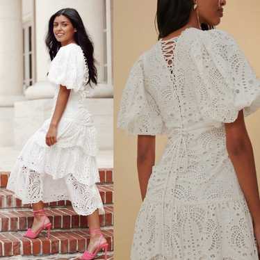 Farm Rio White Cotton Eyelet Puff Sleeve Midi Dres