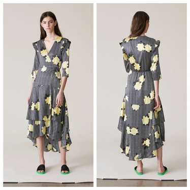 Ganni Calla Yellow Floral Silk Wrap Dress Assymet… - image 1