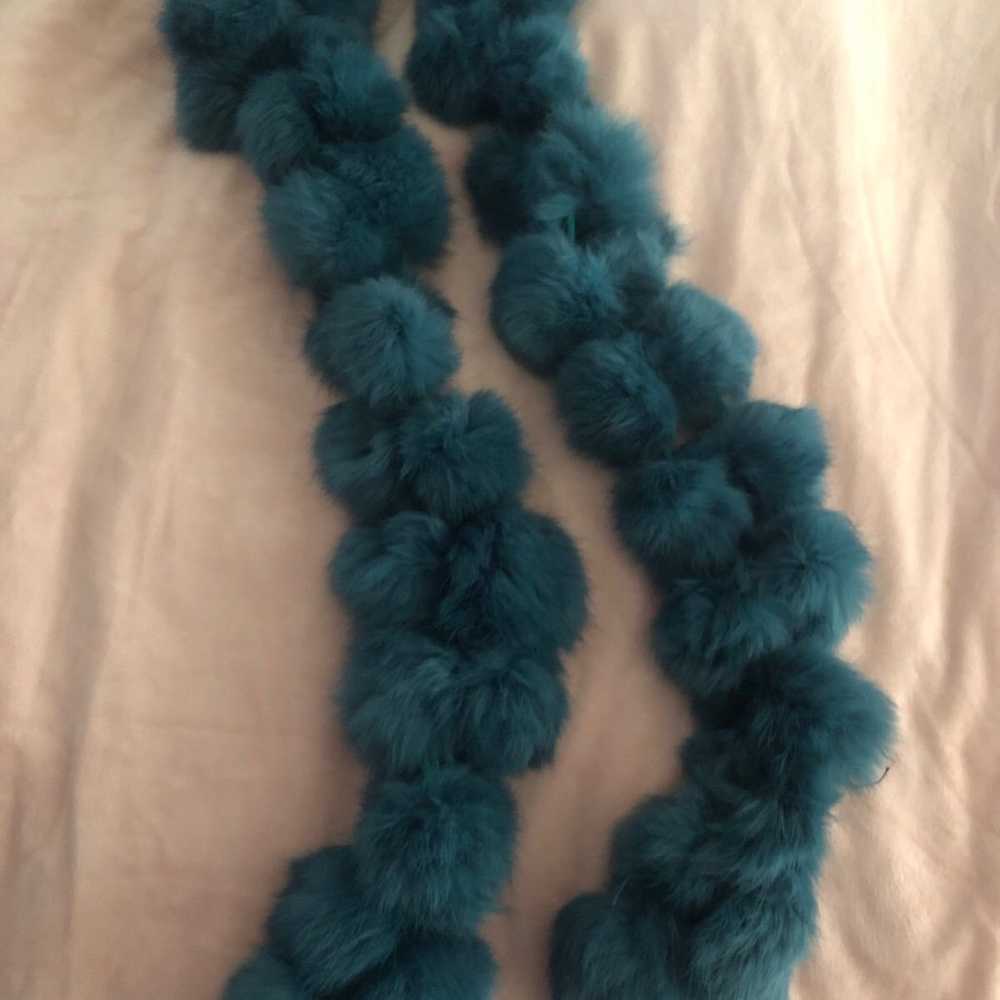 Vintage teal rabbit pom-pom scarf - image 1