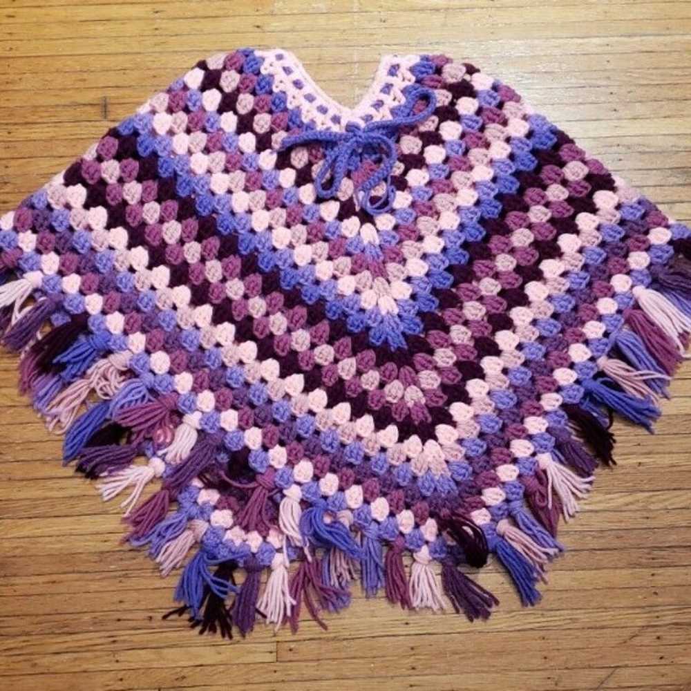 Womens Vintage Knit Shawl Poncho Cape Purple Pink… - image 1