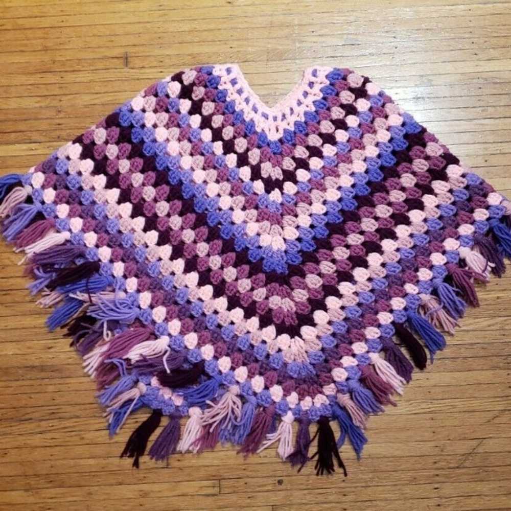 Womens Vintage Knit Shawl Poncho Cape Purple Pink… - image 2