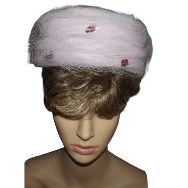 Pillbox Hat Pink Netting Mid-Century Union Made V… - image 1