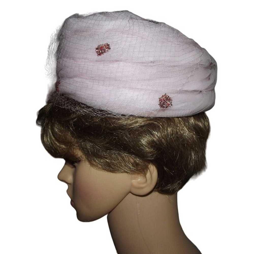 Pillbox Hat Pink Netting Mid-Century Union Made V… - image 2