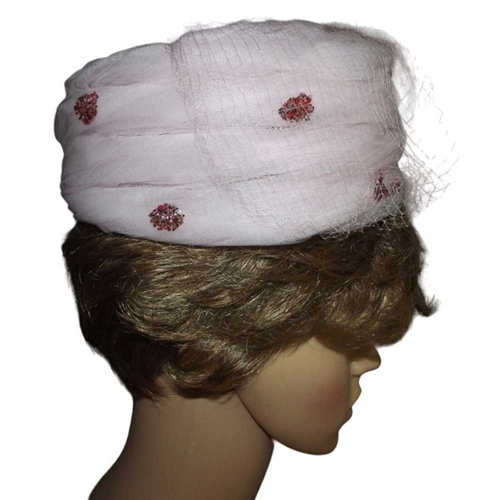 Pillbox Hat Pink Netting Mid-Century Union Made V… - image 4