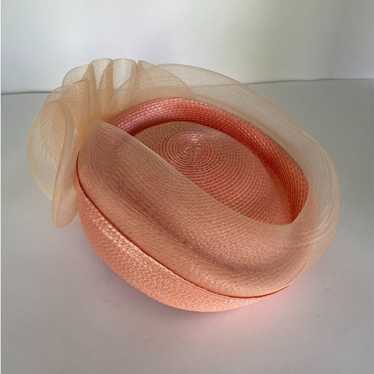 Pink Vintage Pillbox Style Straw Like Hat with Net