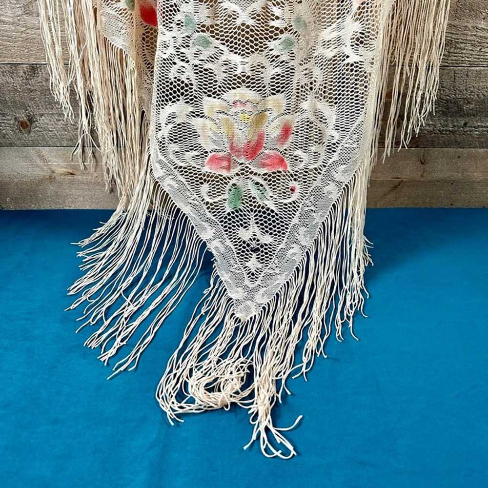 Vintage 70’s Floral Knit Triangle Fringe Shawl - image 12