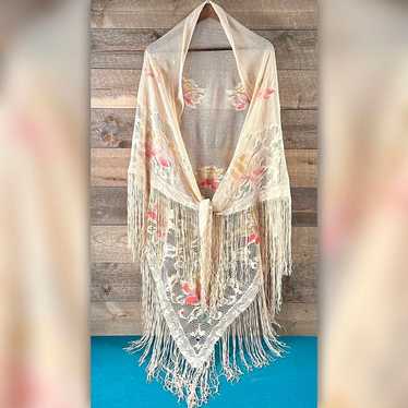 Vintage 70’s Floral Knit Triangle Fringe Shawl - image 1