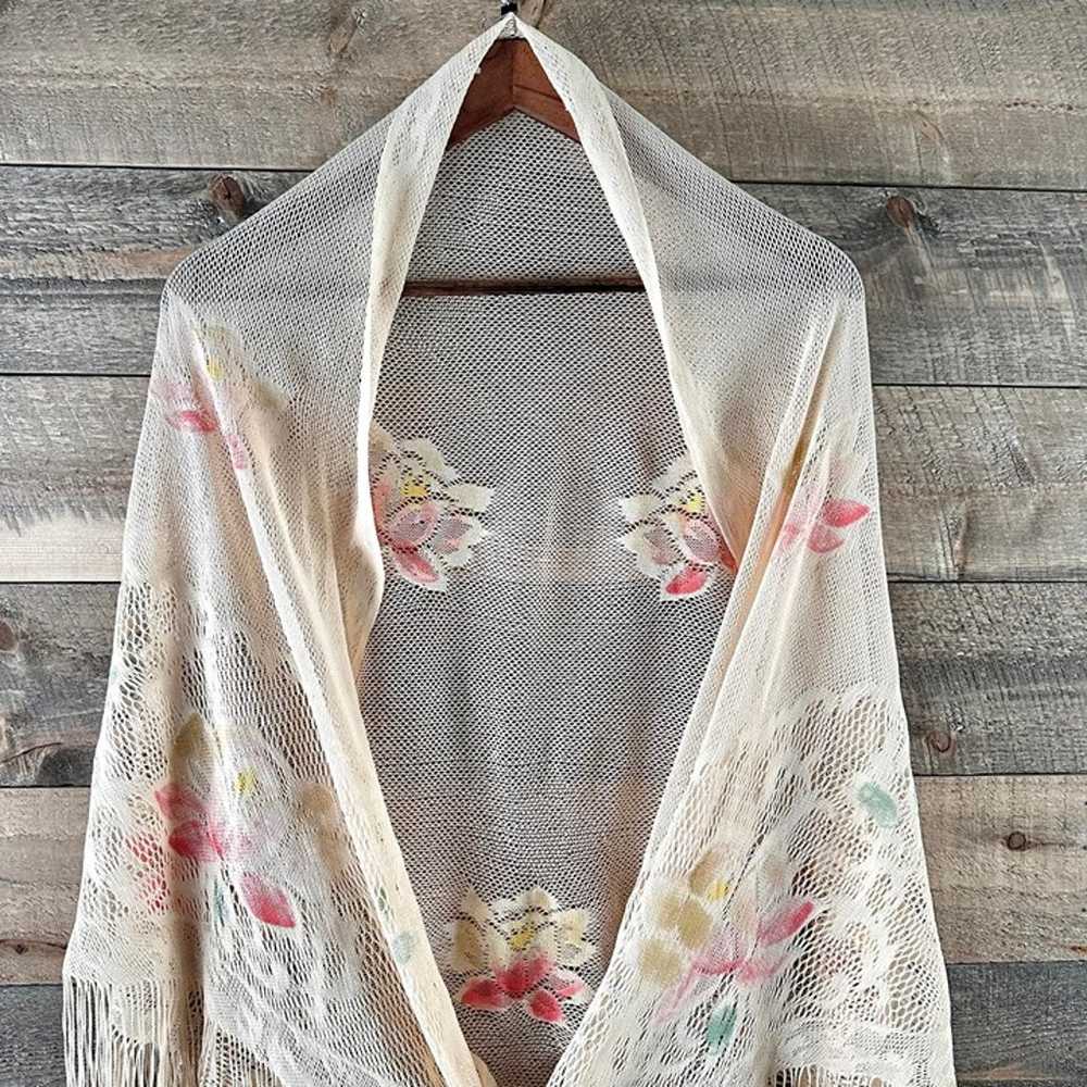 Vintage 70’s Floral Knit Triangle Fringe Shawl - image 2