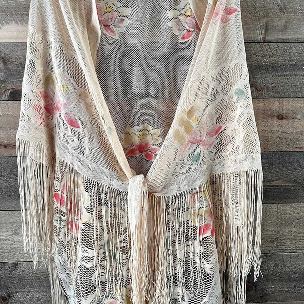 Vintage 70’s Floral Knit Triangle Fringe Shawl - image 3