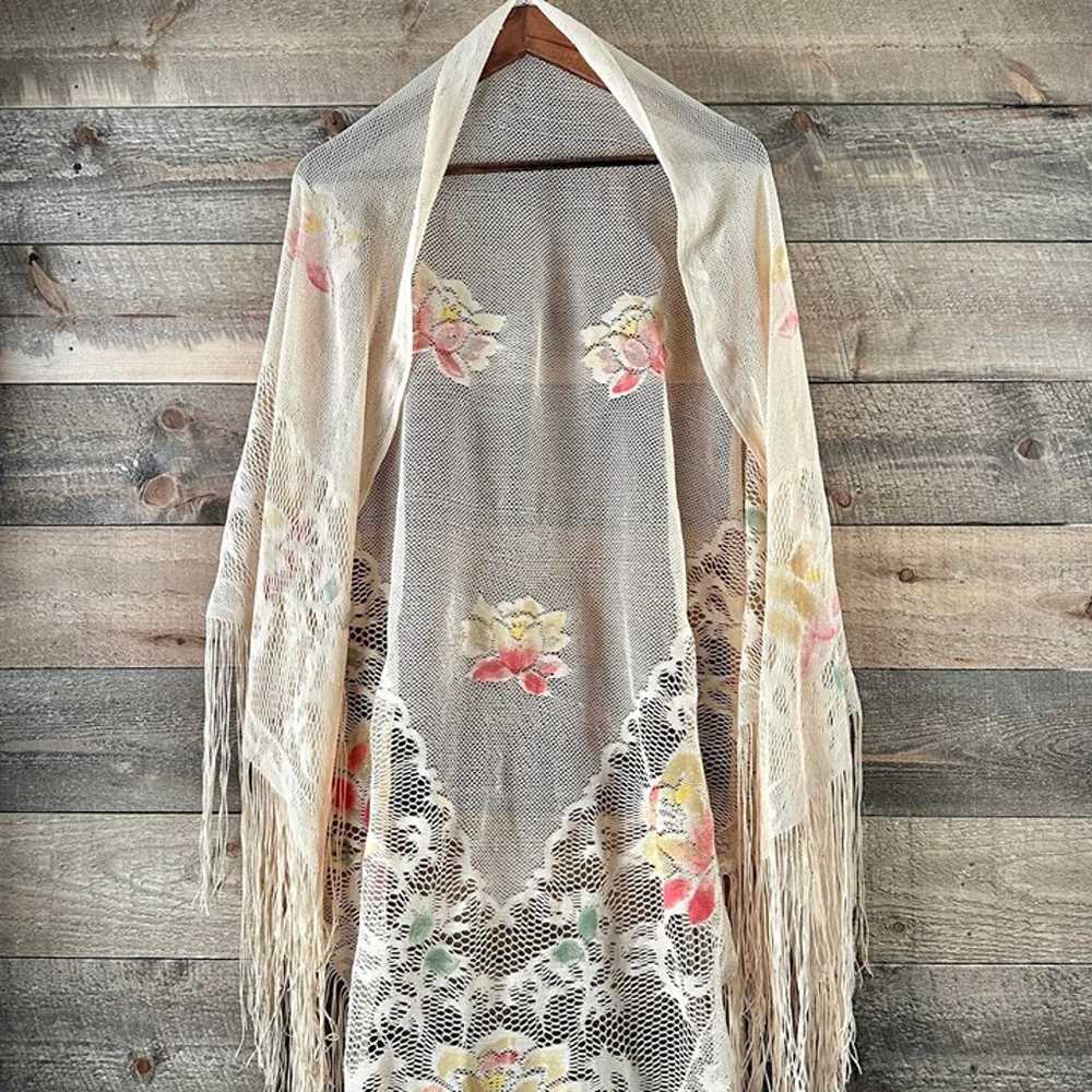 Vintage 70’s Floral Knit Triangle Fringe Shawl - image 5