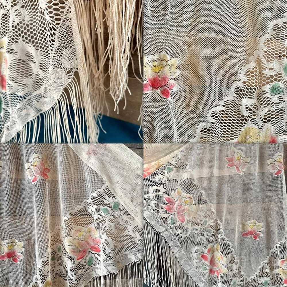 Vintage 70’s Floral Knit Triangle Fringe Shawl - image 8