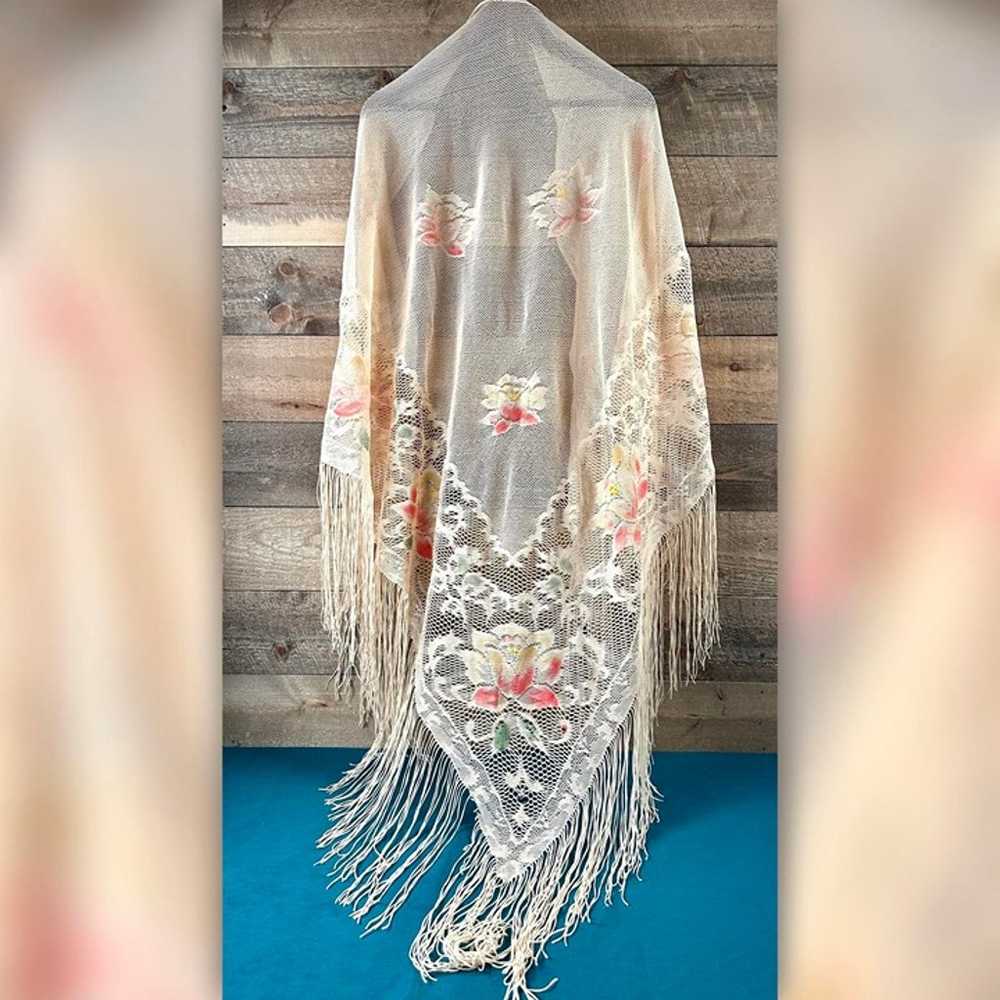 Vintage 70’s Floral Knit Triangle Fringe Shawl - image 9