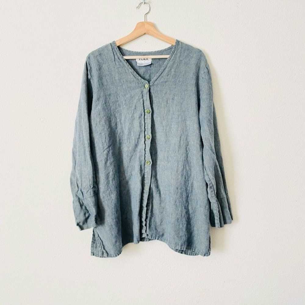 FLAX LARGE 100% linen green button blouse - image 1