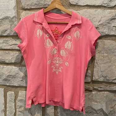 Johnny Was Pink & White Short Sleeve Embroidered … - image 1