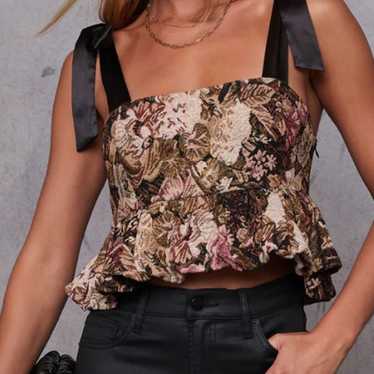 Floral satin shoulder tie peplum top