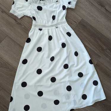 White lace smooth floor length dress with polkadot