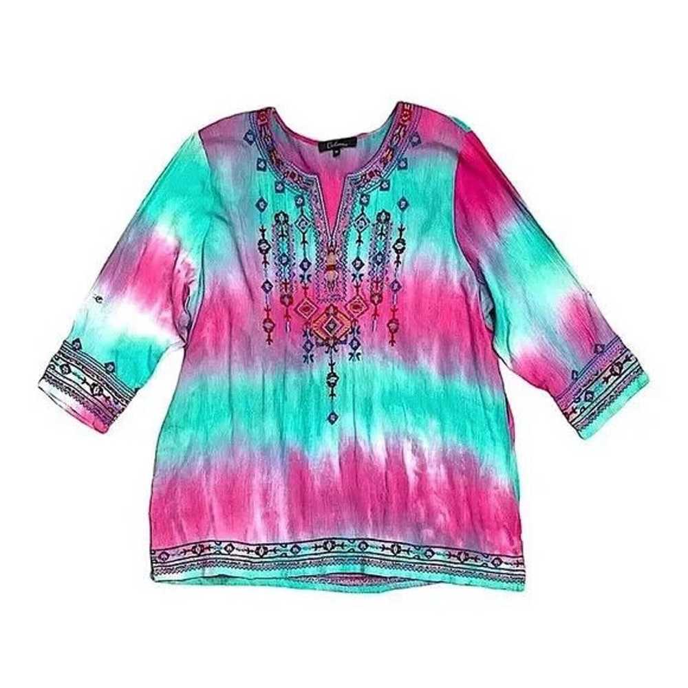 Calessa Boho Embroidered V Neck Tie Dye Tunic Top… - image 1