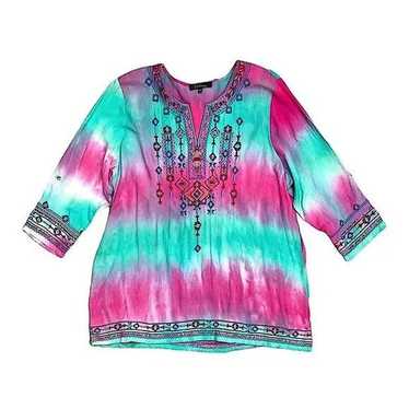 Calessa Boho Embroidered V Neck Tie Dye Tunic Top… - image 1