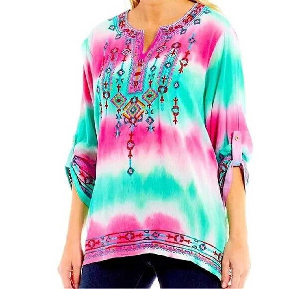 Calessa Boho Embroidered V Neck Tie Dye Tunic Top… - image 2