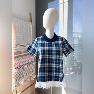 Sea New York Blue White Plaid Crochet Knit Short S