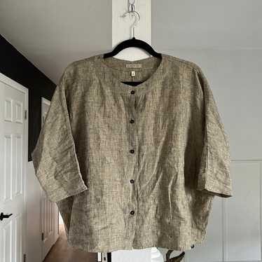 Linen ID tan and black heathered button down shor… - image 1