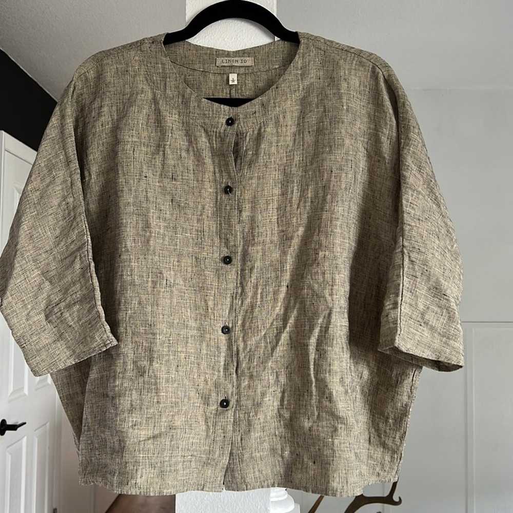 Linen ID tan and black heathered button down shor… - image 3