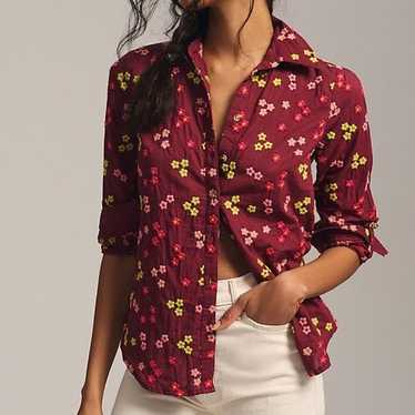 Anthropologie Maeve Embroidered Buttondown Blouse 