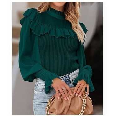 Ruffle Mock Neck Bell Sleeve Chiffon Patchwork Kn… - image 1