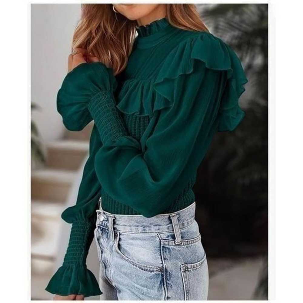 Ruffle Mock Neck Bell Sleeve Chiffon Patchwork Kn… - image 4