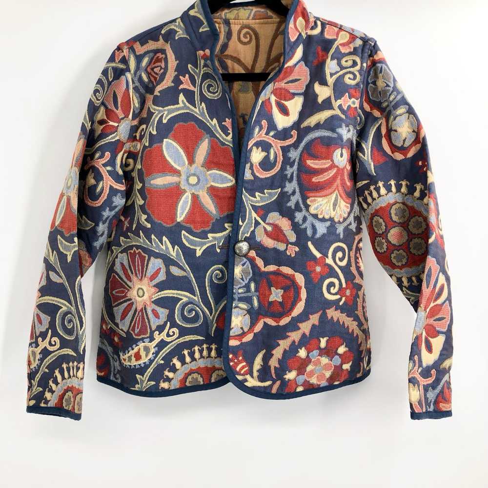 Double-sided Quilted Jacket Blue/Tan Floral Butto… - image 1